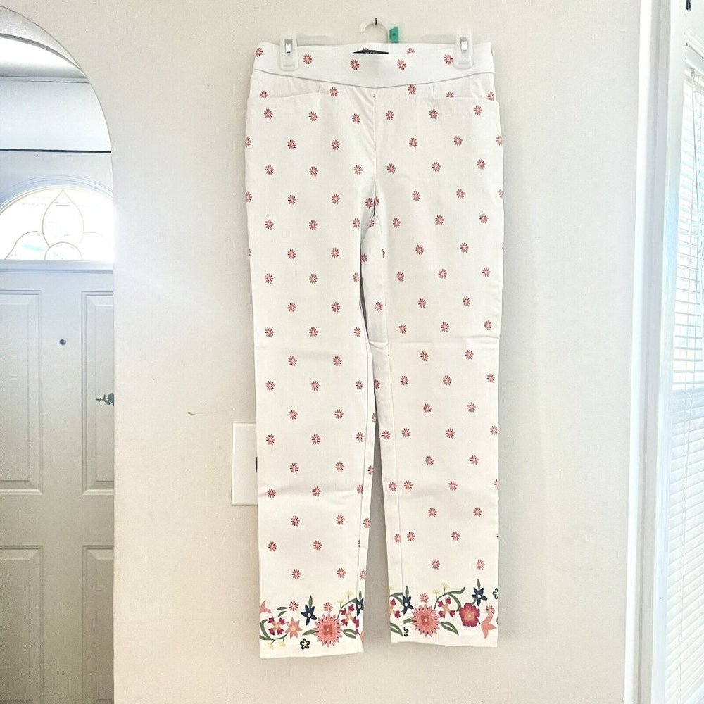 Verve White Floral Woman Casual Stretch Pants Elastic Waist Pull  Up Size Small